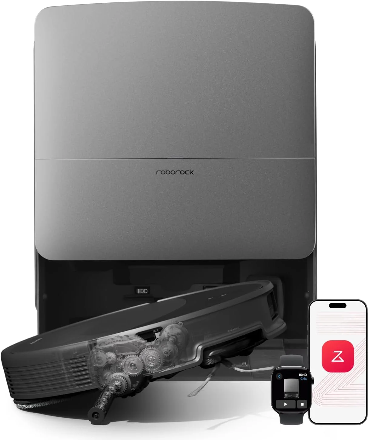 Roborock Saros 20 docked in its RockDock base station
